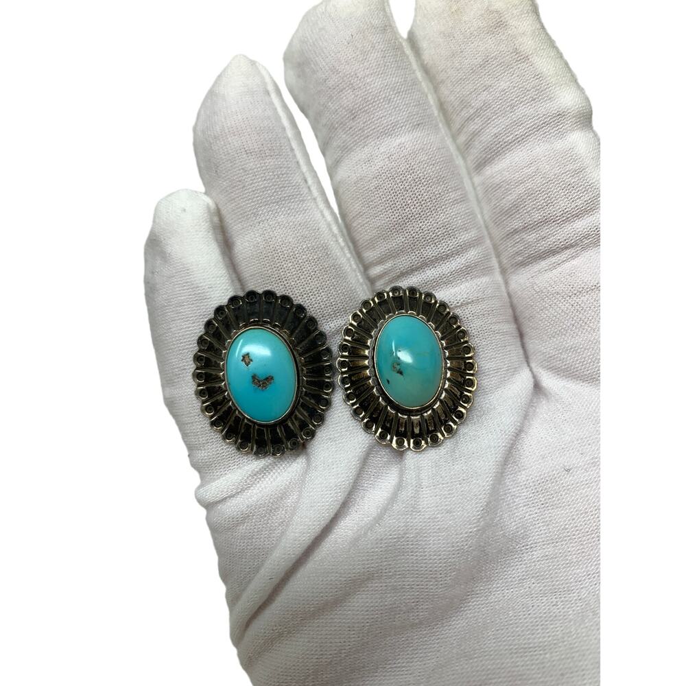 Vintage Richard Begay Sterling Silver Turquoise Earring Studs Oval Stamped RB